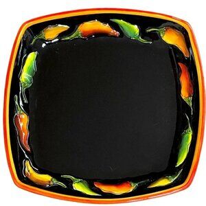 CLAY ART Jalapeño PLATE Hot Pepper Black orange yellow green fiesta 1” d x 8” sq